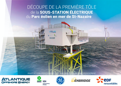 Parc éolien de Saint-Nazaire : Découpe de la première tôle de la sous-station électrique par la BU des Chantiers de l’Atlantique