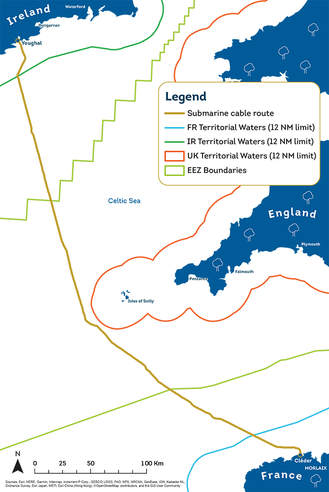 Carte du passage du cable d'interconnection France Irlande Celtic Interconnector