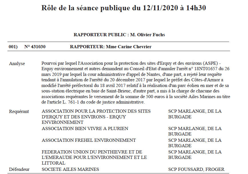 Conseil d'Etat audience Asso environnementales contre Ailes Marines