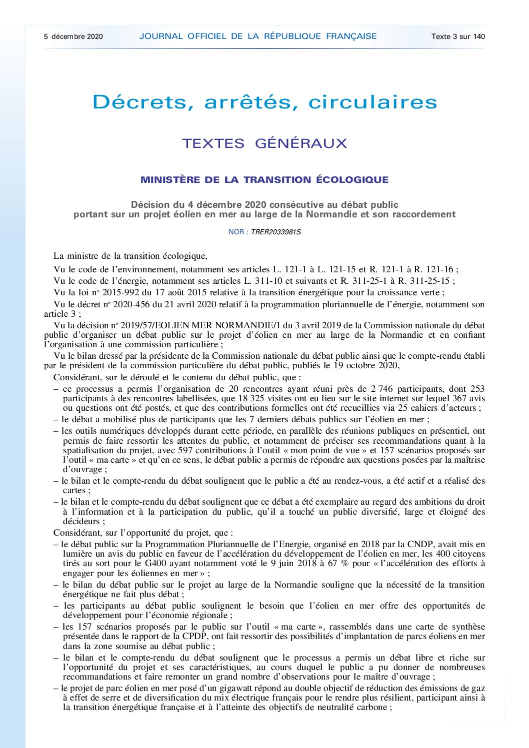 CPDP Normandie / État : Décision du 4/12/2020 consécutive au débat public portant sur le projet éolien en mer au large de la Normandie et son raccordement