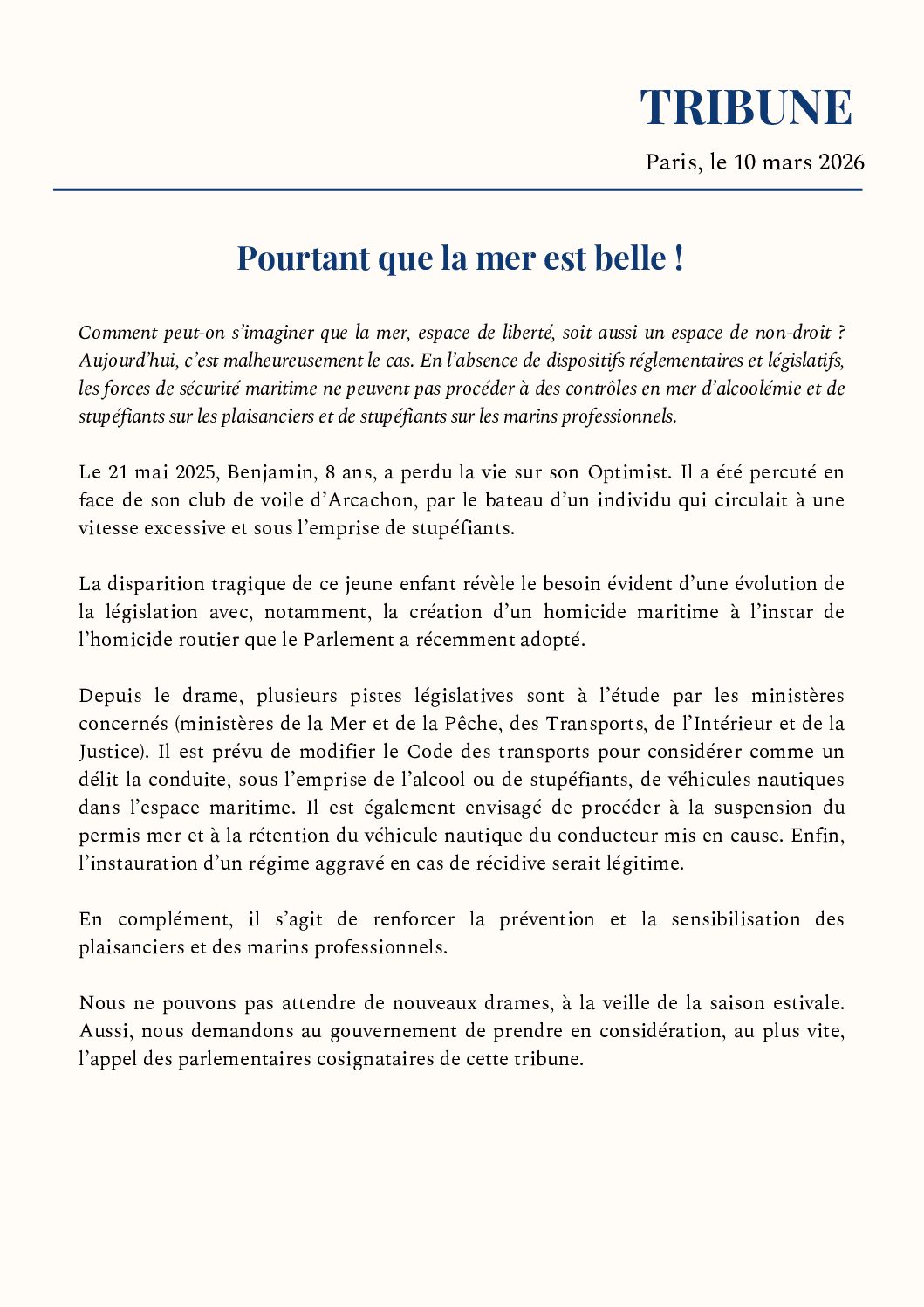 Alcool, stupéfiants, vitesse : renforcer la législation sur la sécurité en mer – à l&rsquo;initiative de Sophie Panonacle, plus de 50 parlementaires se mobilisent